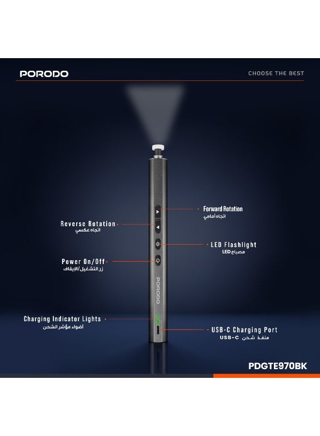 porodo Techfix 97-IN-1 Electric Screwdriver Kit with Built-In LED Light, automotive mechanical maintenance vehicle socket wrench toolbox, Tools Set for Automotive - Black - Image 5